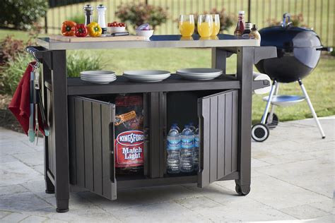 portable outdoor table with storage cabinet and stainless steel top|Keter Outdoor Rolling Table Cart for Food Prep, .